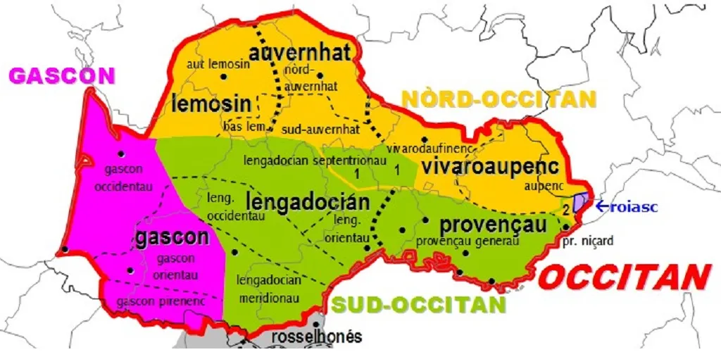 Carte de l'aire de répartition de la langue occitane montrant les différents dialectes