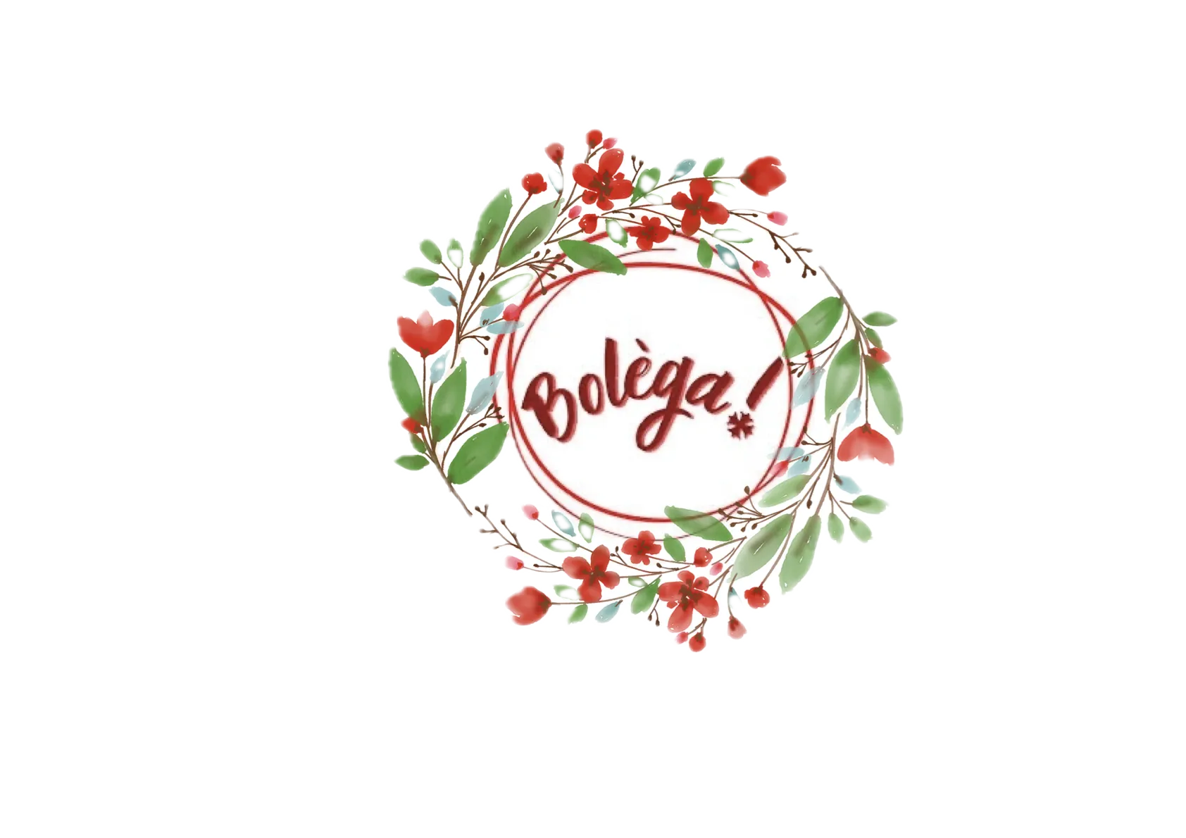 Logo de Bolèga! entouré d'une couronne d efleurs.