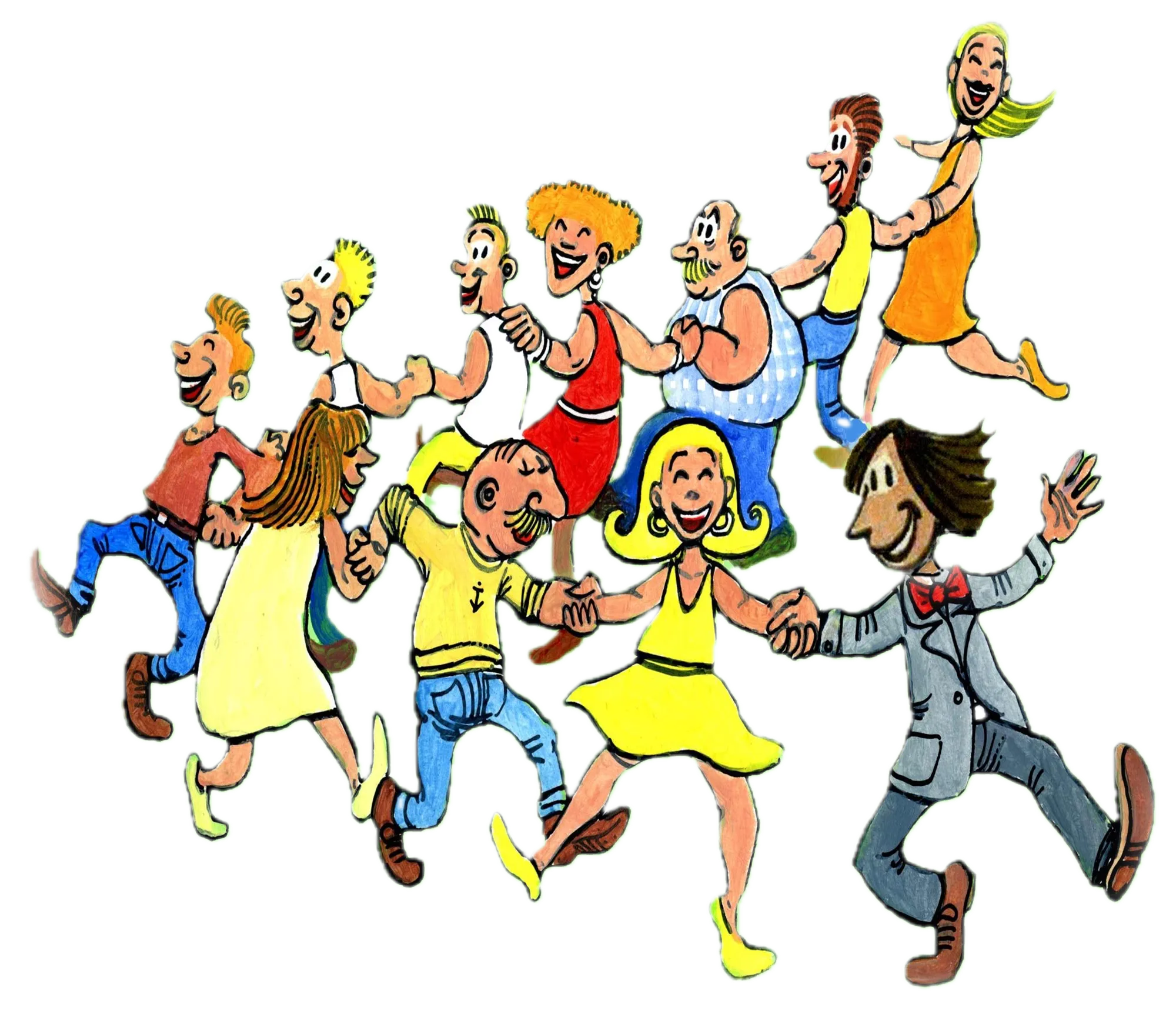 Cette illustration représente une farandople de joyeux danseurs