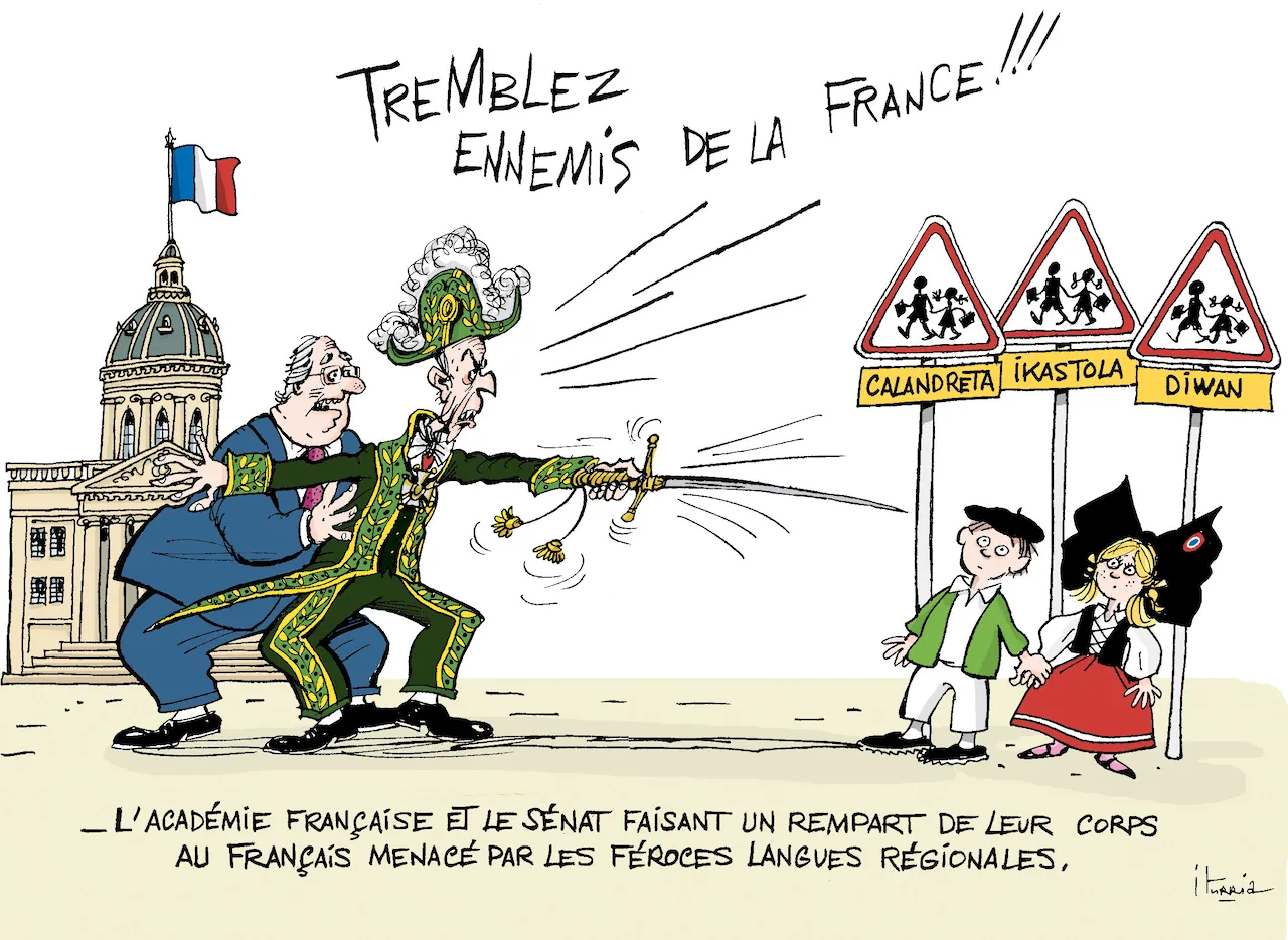 Cette image est un dessin d'Iturria où l'on voit un accadémicien menacer de son épée des petits écoliers scolarisés dans des écoles immersives en langue occitane, basque et bretonne.